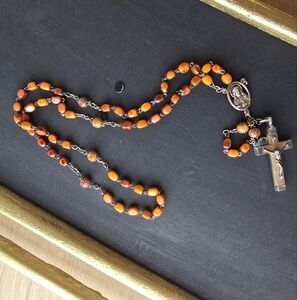 Orange Beaded And Bone Rosary with Crucifix